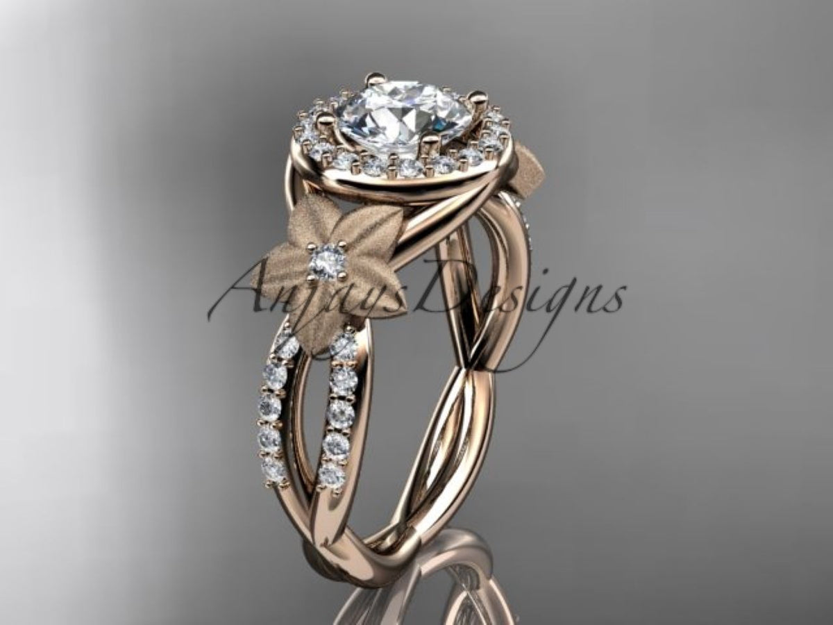 Rose gold diamond engagement ring, style ADLR999G. Three-quarter angle showcasing the details of the matte flower petals and the intertwining band.