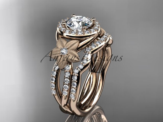 • Rose gold diamond wedding ring set, style ADLR127S. Three-quarter view showcasing a round halo engagement ring with a matte flower accent next to a matching curved pave diamond wedding band.