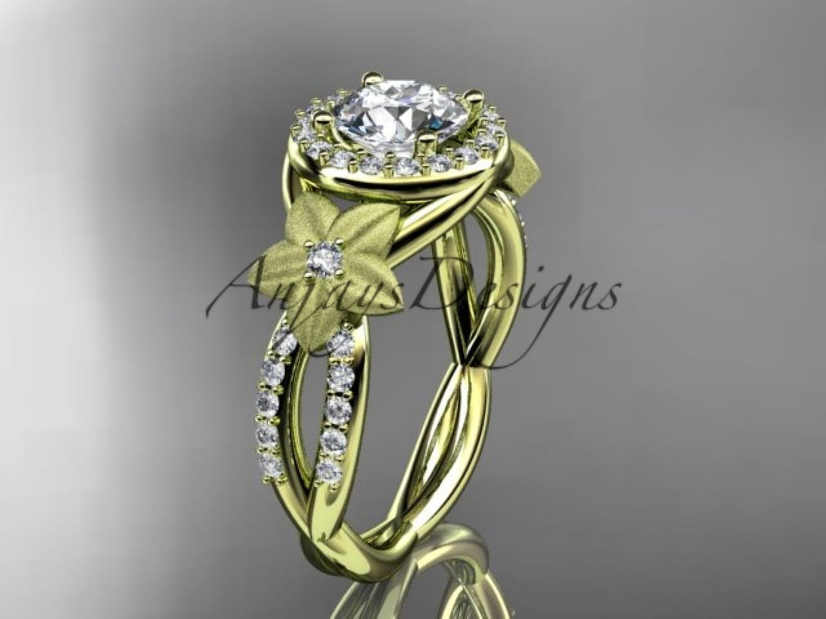 Yellow gold diamond engagement ring, style ADLR999G. Three-quarter view emphasizing the bright gold finish on the decorative leaves and flower accents.