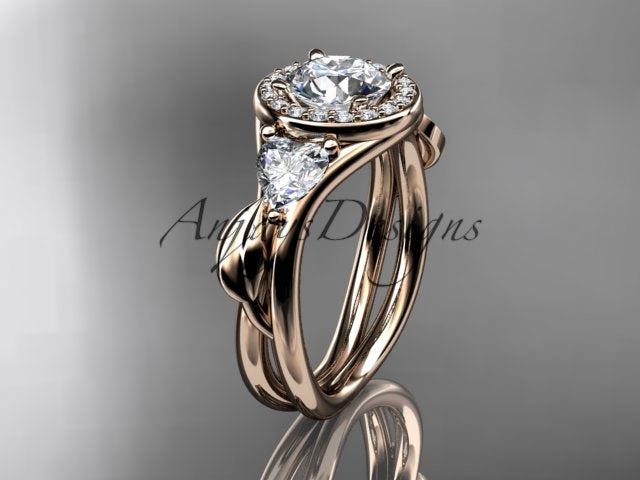 Rose gold diamond wedding ring set, style ADLR314. Three-quarter profile view showcasing a round center diamond halo ring with heart-shaped side stones nested with a matching curved band.