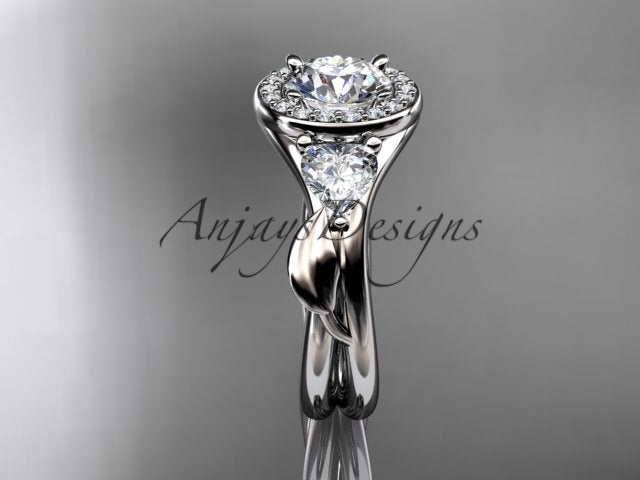 White gold diamond wedding ring set, style ADLR314. Front view showcasing the bright white gold framework accentuating the round halo and brilliant heart diamonds.
