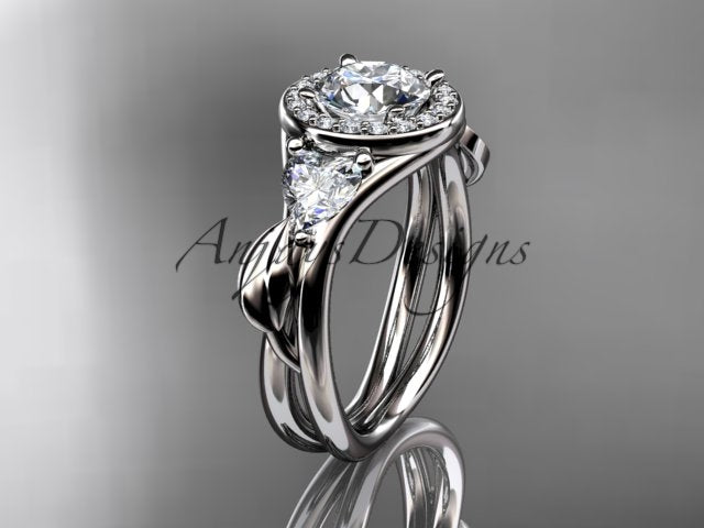 White gold diamond wedding ring set, style ADLR314. Three-quarter view displaying the polished white metal option with sparkling heart-shaped diamond side stones.