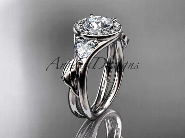 White gold diamond wedding ring set, style ADLR314. Three-quarter view displaying the polished white metal option with sparkling heart-shaped diamond side stones.