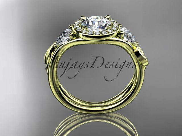 Yellow gold diamond wedding ring set, style ADLR314. Side profile view showing the nested circular yellow gold bands stacked together cleanly under the raised center and side diamond settings.