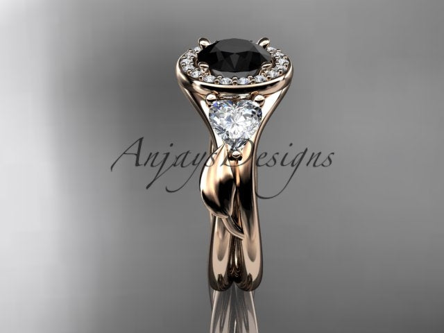 • Rose gold black diamond wedding ring set, style ADLR314BD. Front view highlighting the striking contrast of the black center stone against white heart-cut side diamonds and polished rose gold leaf accents.