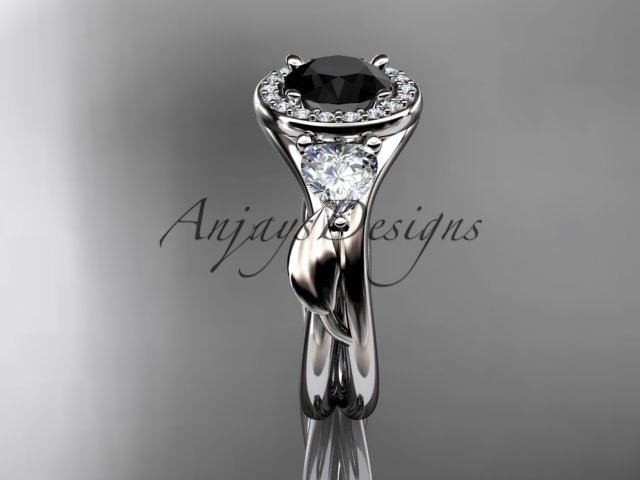 White gold black diamond wedding ring set, style ADLR314BD. Front view demonstrating the clean symmetry of the bright white gold framework highlighting the dark center stone and flanking brilliant heart diamonds.