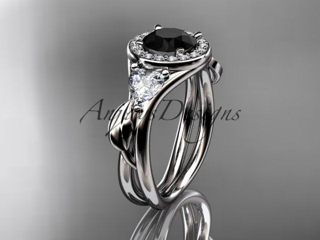 White gold black diamond wedding ring set, style ADLR314BD. Three-quarter profile view showcasing a striking monochrome aesthetic with a black diamond center stone, white halo, and heart-shaped accents.