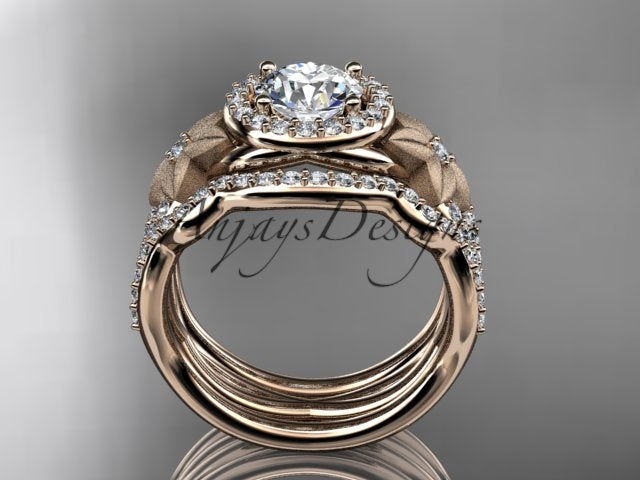 Rose gold diamond wedding ring set, style ADLR444S. Side profile view showing three nested circular bands and the uniform stacked structure of the rings.