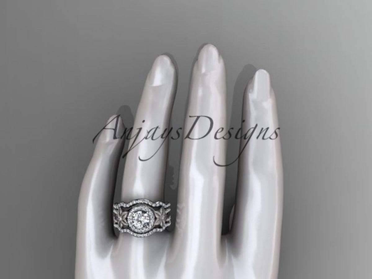 White gold diamond wedding ring set, style ADLR444S, worn on the ring finger of a white mannequin hand. Top-down view showing the wide profile of the completed 3-ring stack.