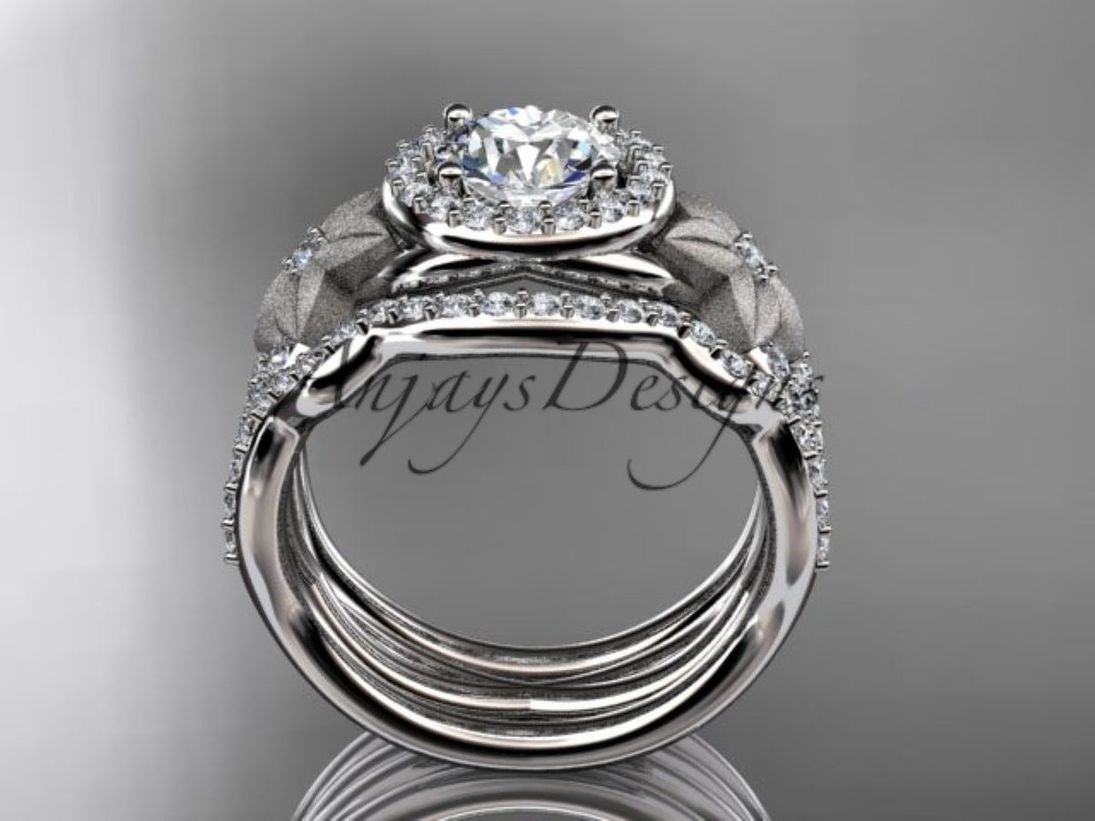 White gold diamond wedding ring set, style ADLR444S. Side profile view displaying how the three distinct white gold bands match up cleanly in thickness.