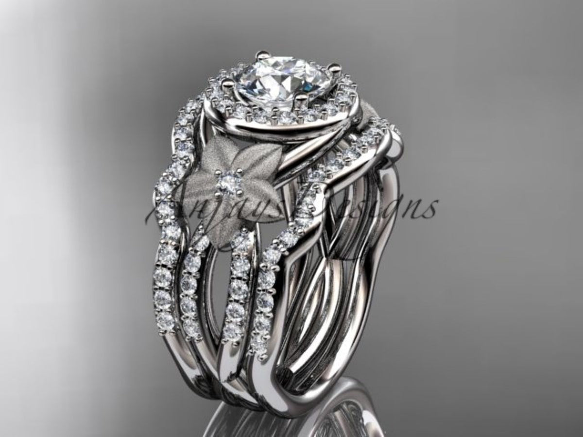 • White gold diamond wedding ring set, style ADLR444S. Three-quarter view displaying a polished white metal 3-ring stack with a round halo setting and frosted flower details.