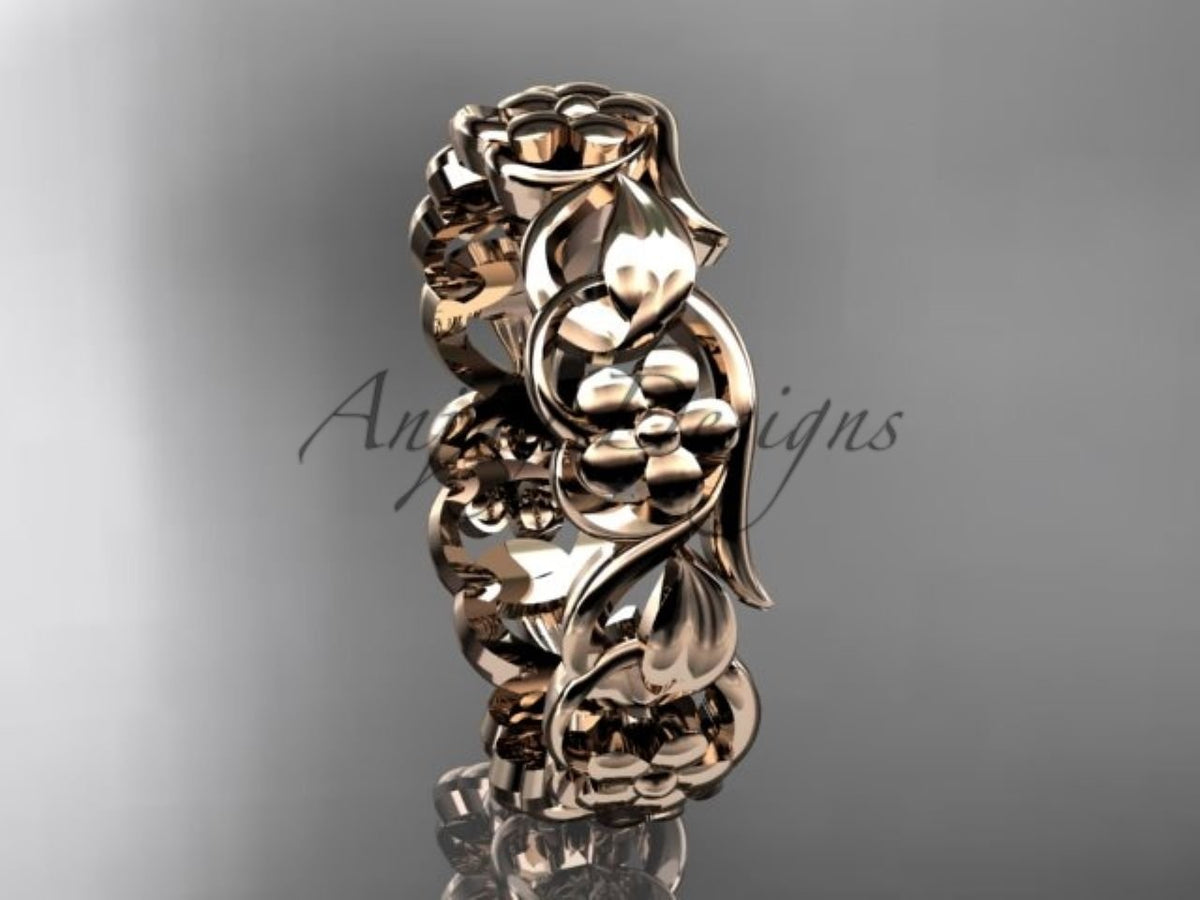 • Rose gold floral wedding band, style ADLR537G. Stood upright at a slight angle, highlighting the three-dimensional depth of the carved flowers.