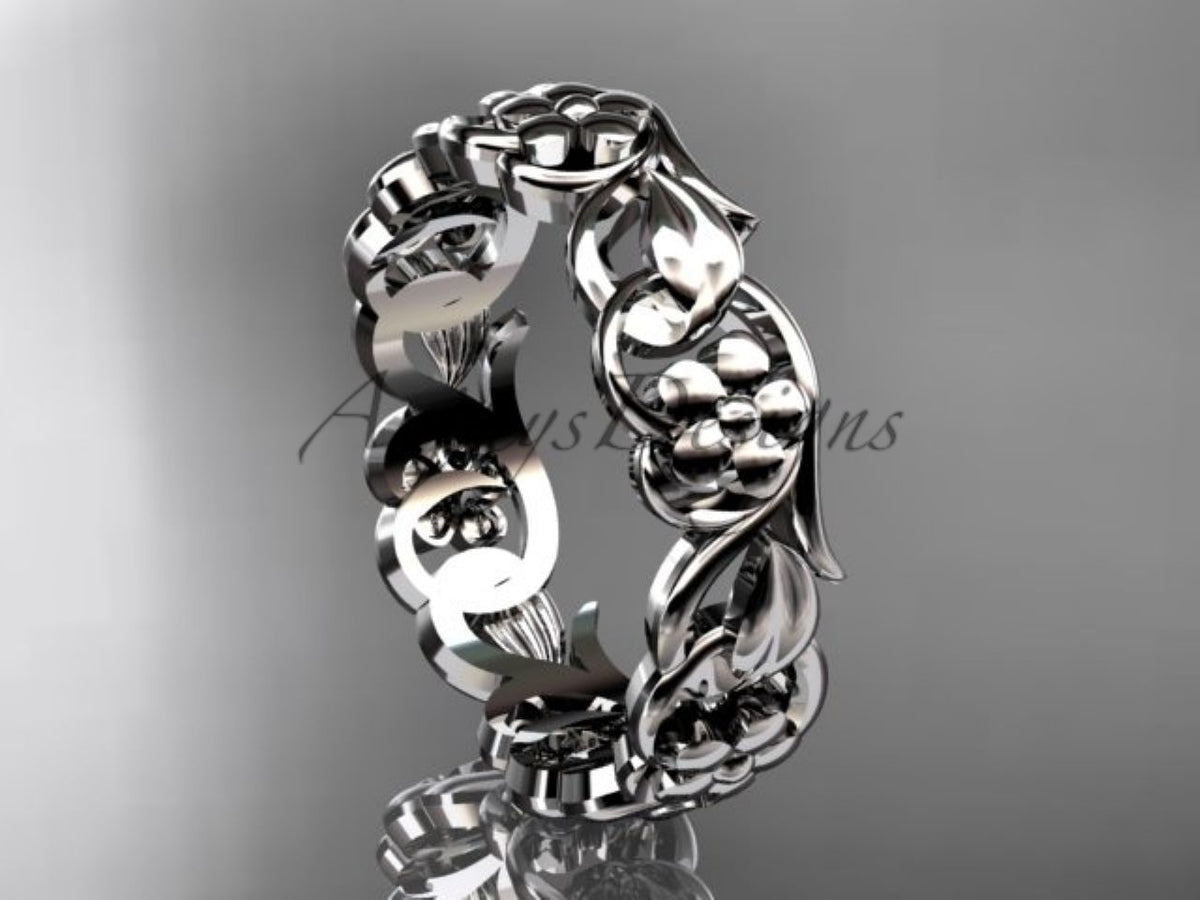 White gold floral wedding band, style ADLR537G. Angled to the right, showing the continuous leaf and flower motifs along the outer band.
