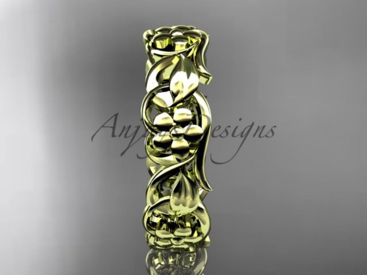 Yellow gold floral wedding band, style ADLR537G. Stood upright vertically, highlighting the bright yellow metal option for the intricate design.