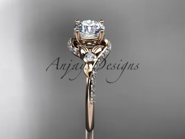 Rose gold diamond engagement ring, style ADLR777G. Front profile view highlighting the organic asymmetrical leaf details and a cascade of small pave diamonds along the shank.