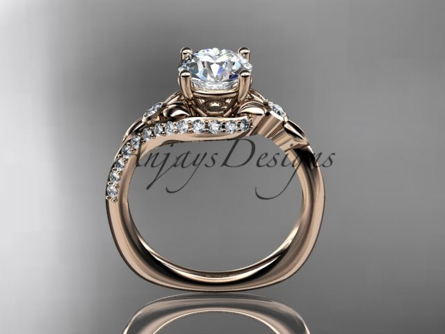 Rose gold diamond engagement ring, style ADLR777G. Side view showing the polished ring band and how the bypass leaf crown cradles the high-set central round diamond.
