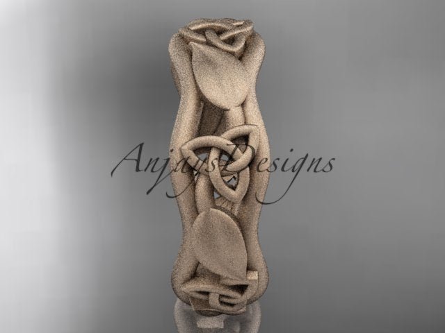 Rose gold Celtic wedding band, style CT7105B. Front view highlighting the continuous intertwined vine profile with central triquetra knots and flowing botanical leaf carvings.