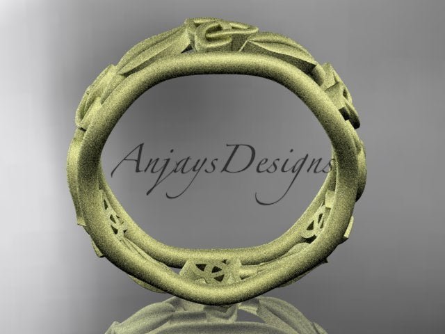 Yellow gold Celtic wedding band, style CT7105B. Side profile view showing the wavy, organic circular contours of the twig-like band and the openwork cutouts carved through the yellow gold inner lining.