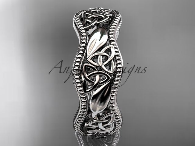 platinum Celtic wedding band, style CT7508P. Front view highlighting the clean metallic sheen of the platinum finish accentuating the patterned milgrain borders.
