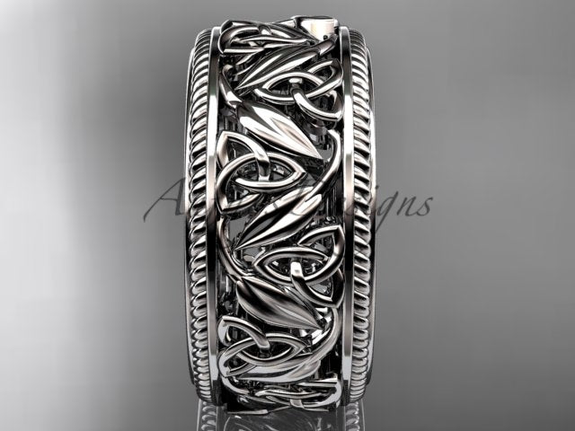 • Platinum wide Celtic wedding band, style CT7508P. Front view highlighting the bright, premium metallic sheen of the polished platinum finish accentuating the intricate woven lace motif.