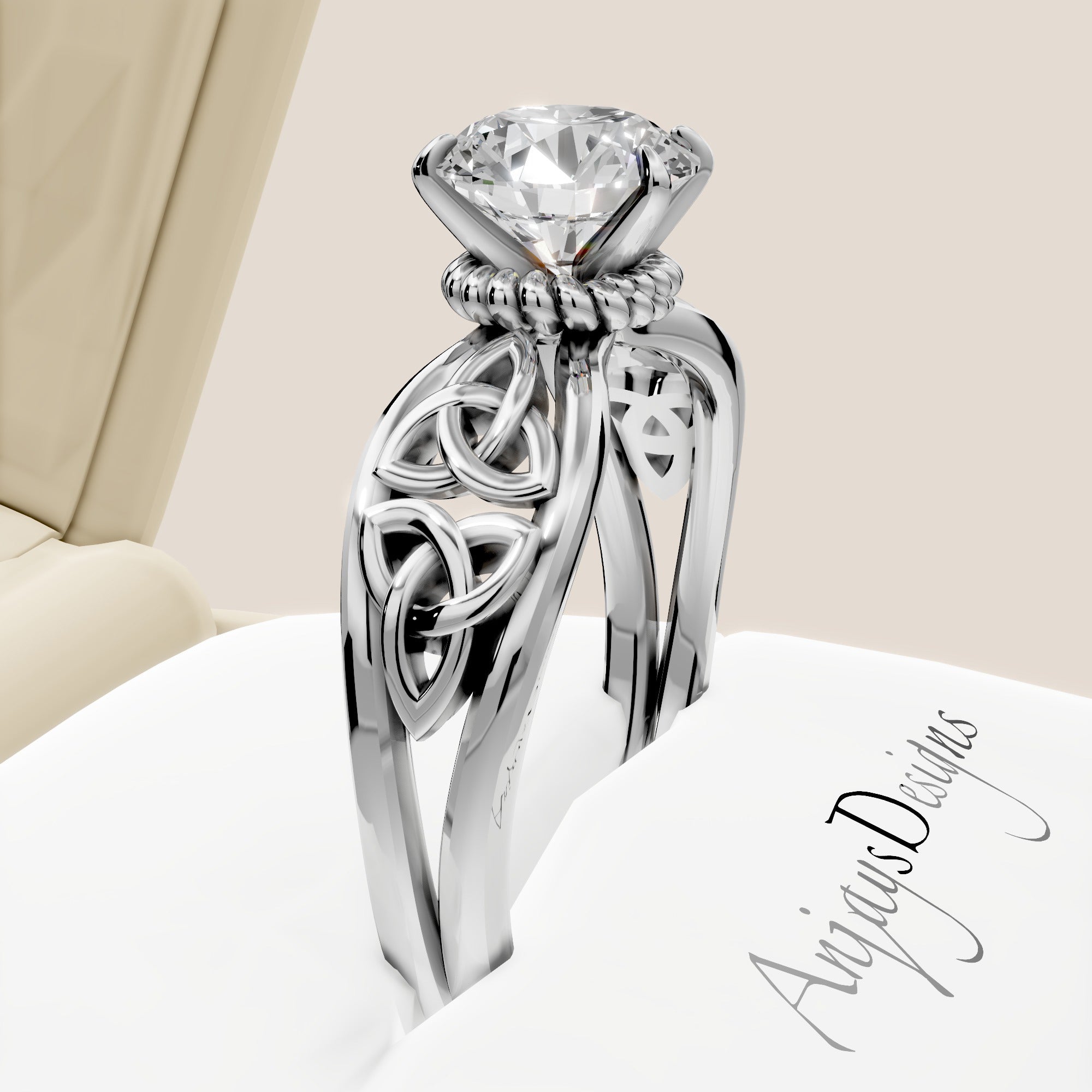 Celtic Engagement Ring 2 Carat Round Lab Grown Diamond Trinity Knot Wedding Ring Triquetra Diamond Ring