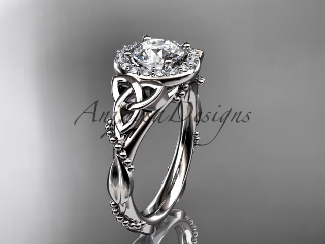 Celtic Diamond Engagement Ring 1 Carat Round Lab Grown Diamond Halo Diamond Trinity Knot Engagement Ring Nature Inspired - AnjaysDesigns