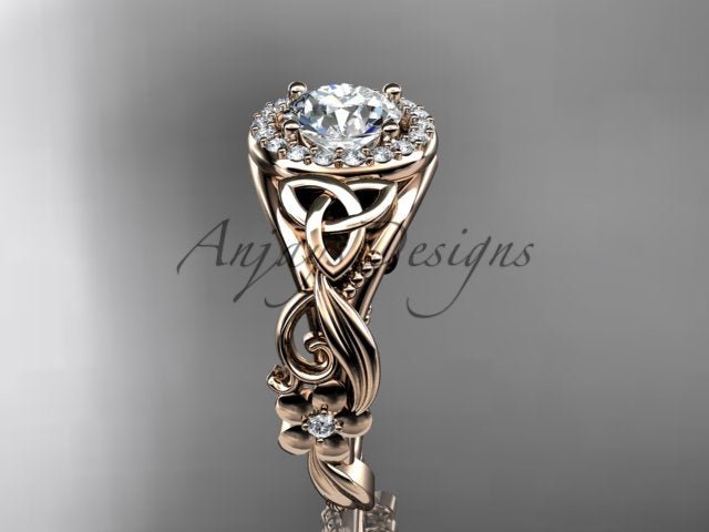 1 Carat Round Lab Grown Diamond Ring Celtic Halo Nature Inspired Engagement Ring - AnjaysDesigns