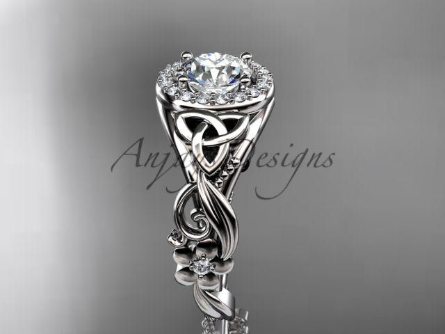 1 Carat Round Lab Grown Diamond Ring Celtic Halo Nature Inspired Engagement Ring - AnjaysDesigns