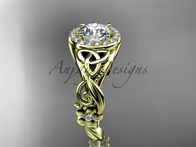 1 Carat Round Lab Grown Diamond Ring Celtic Halo Nature Inspired Engagement Ring - AnjaysDesigns