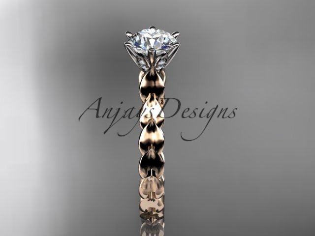 Dainty leaf engagement ring with 1 carat round brilliant lab grown diamond in 14k rose gold
