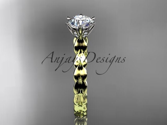 Dainty leaf engagement ring with 1 carat round brilliant lab grown diamond in 14k yellow gold