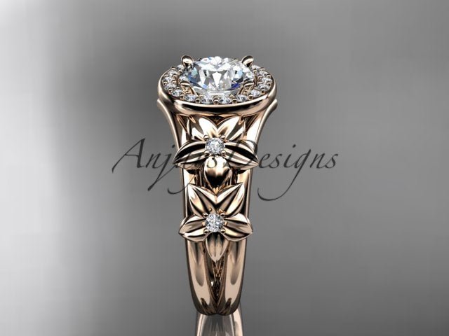 Floral halo engagement ring with 1 carat round lab grown diamond in 14k rose gold