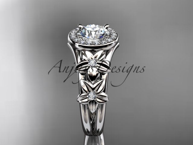 Floral halo engagement ring with 1 carat round lab grown diamond in 14k white gold