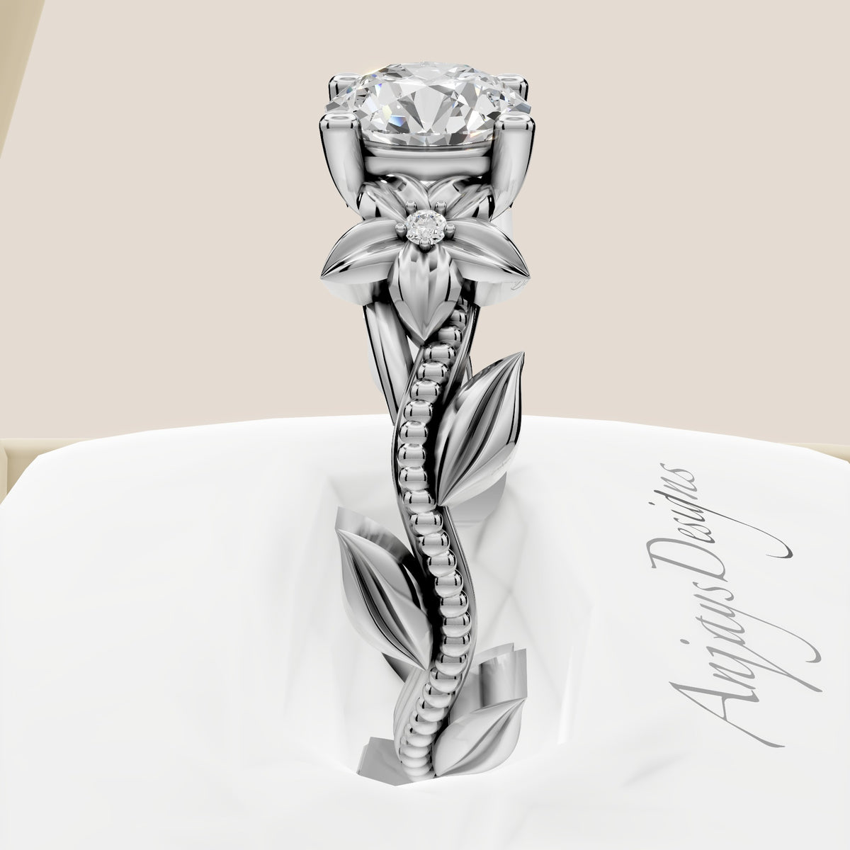 IGI certified floral engagement ring with round lab grown diamond in 14k white gold