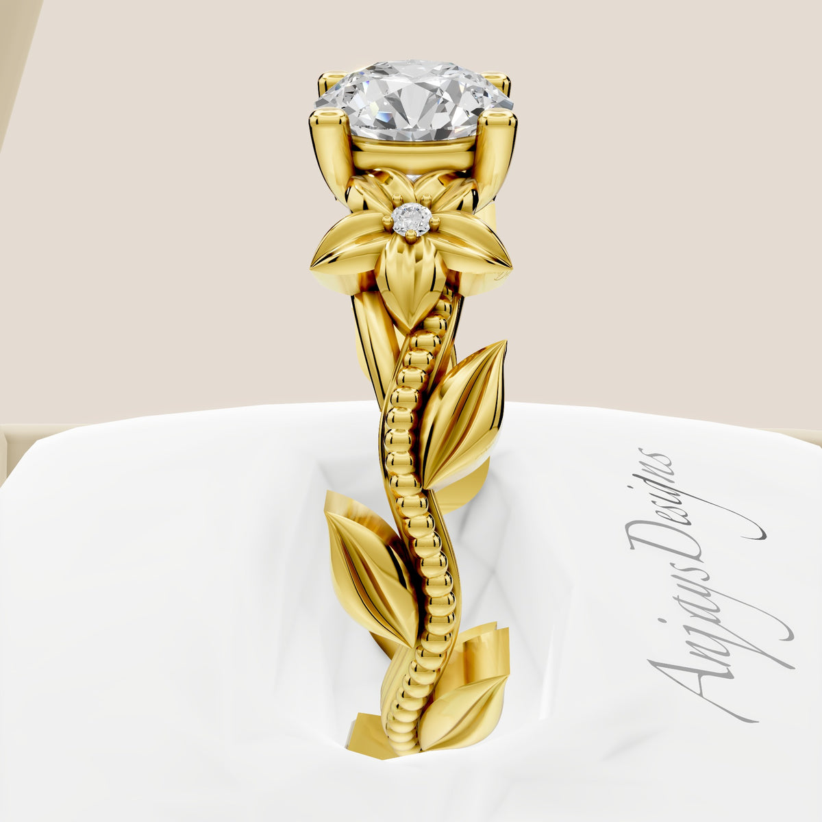 IGI certified floral engagement ring with round lab grown diamond in 14k yellow gold