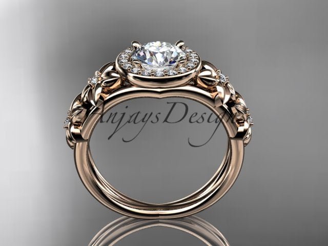 Flower halo engagement ring with round lab grown diamond in 14k rose gold