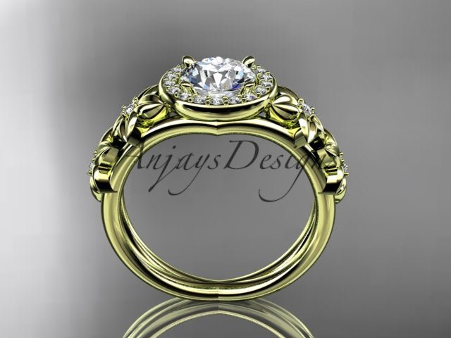 Flower halo engagement ring with round lab grown diamond in 14k yellow gold