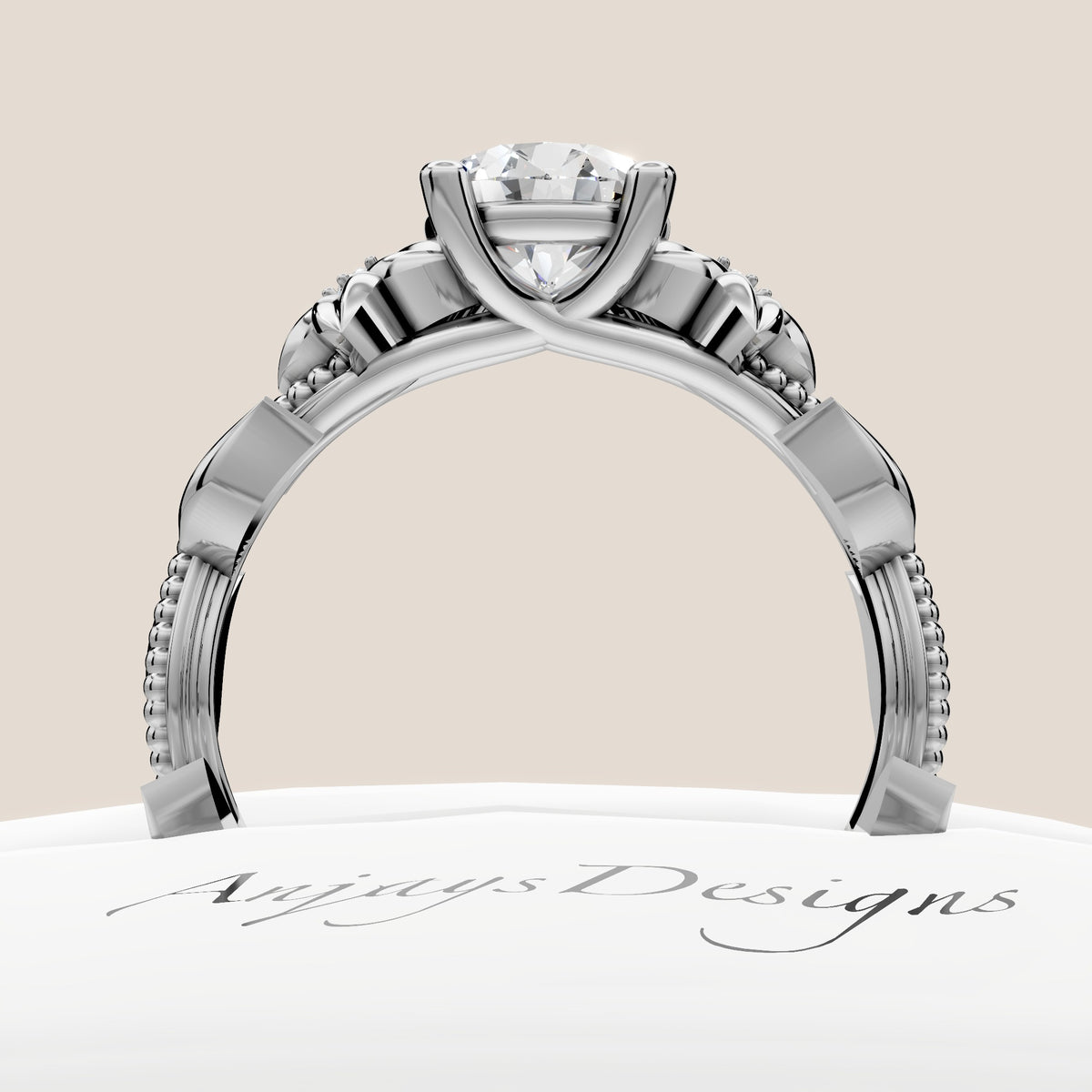 Side view of flower engagement ring with round lab grown diamond in 14k white gold