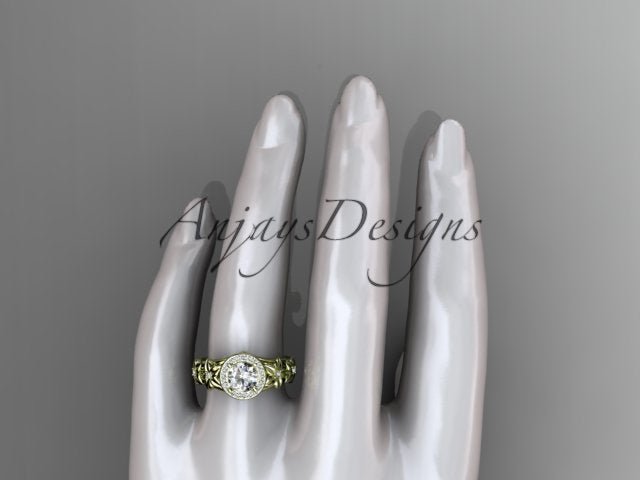 Close up of 1 carat round D VS1 lab grown diamond halo flower ring in 14k yellow gold