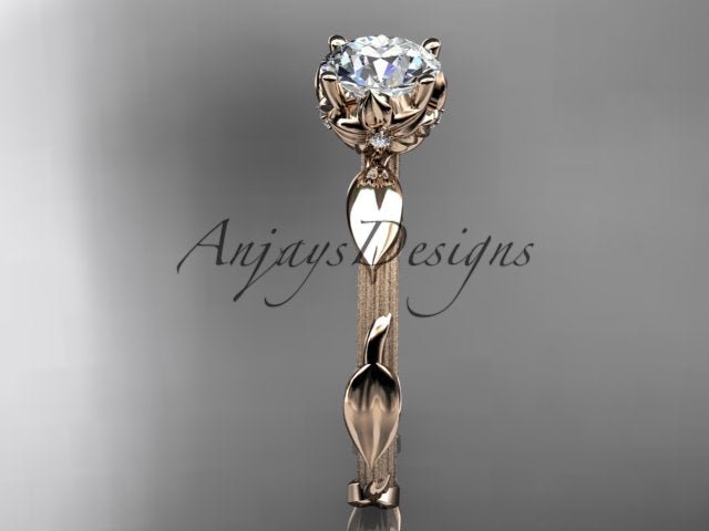 Leaf vine branch engagement ring with 1 carat round lab grown diamond in 14k rose gold