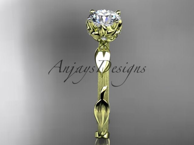 1 carat round lab grown diamond leaf inspired engagement ring in 14k yellow gold