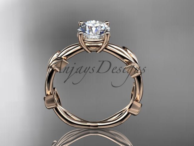 Leaf wedding ring with round lab grown diamond in 14k rose gold