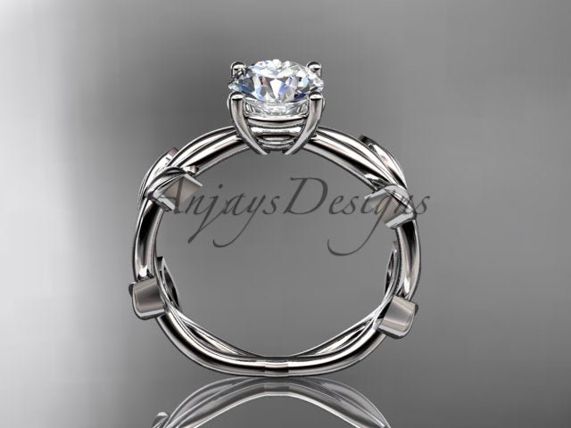 Leaf wedding ring with round lab grown diamond in 14k white gold
