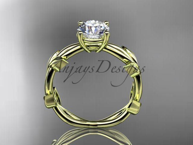 Leaf wedding ring with round lab grown diamond in 14k yellow gold