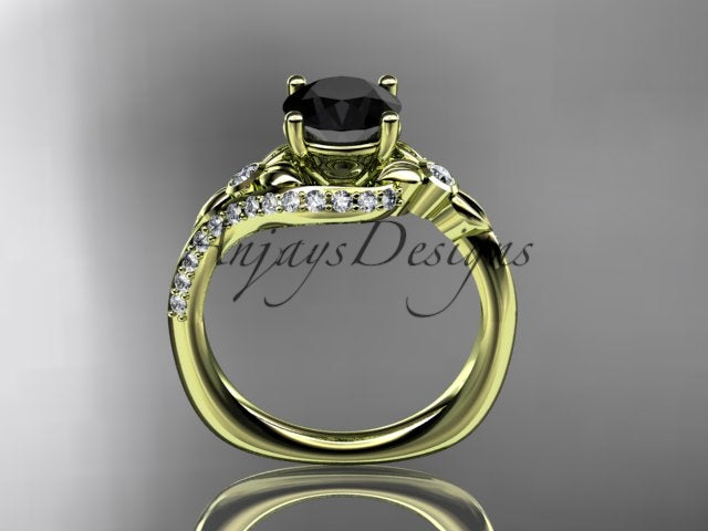 Yellow gold black diamond wedding ring set, style ADLR112BD. Side profile view showing the nested circular yellow gold bands and the detailed underside of the leaf bypass crown holding the round black diamond stone.