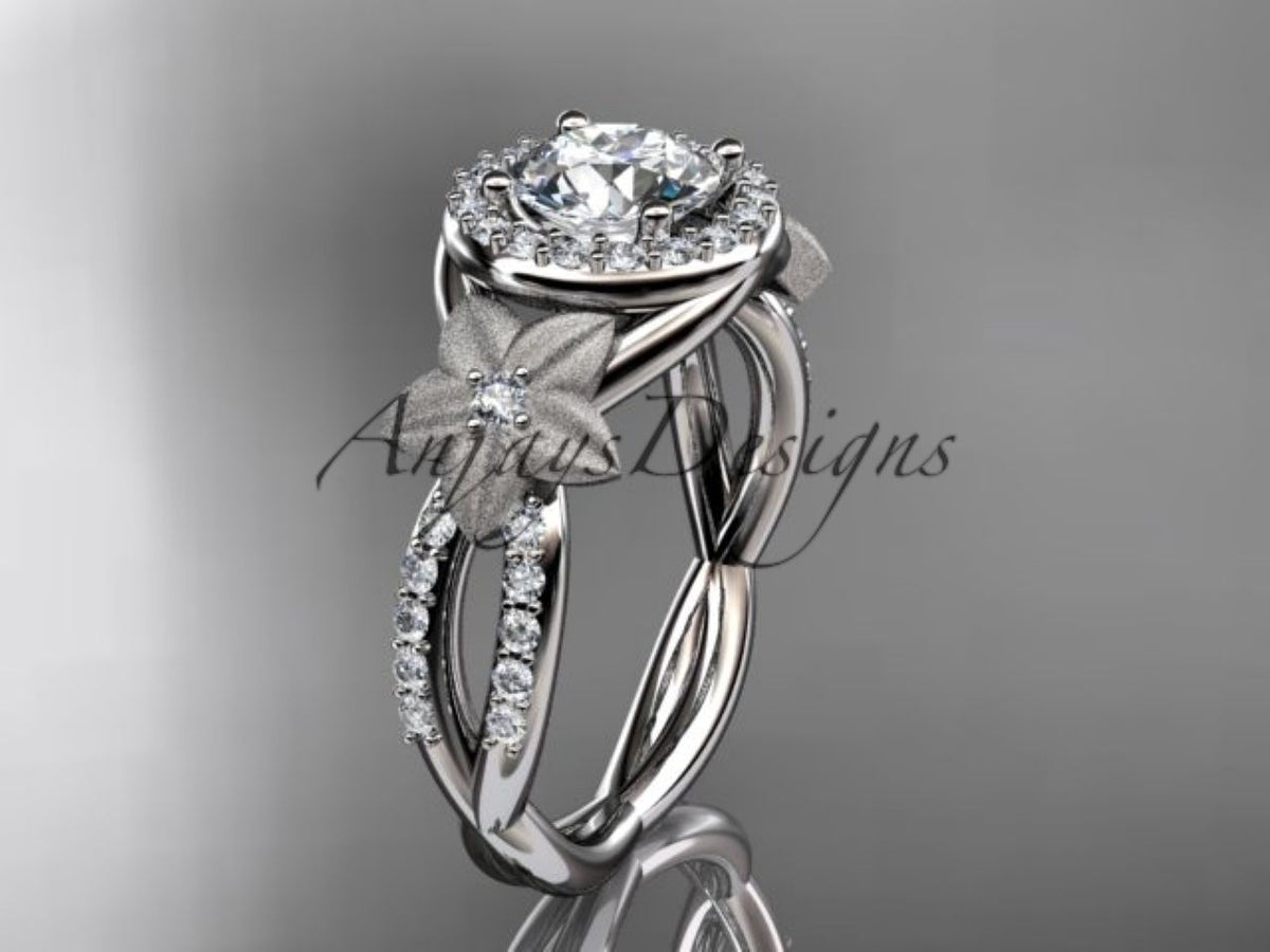 • White gold diamond engagement ring, style ADLR127. Three-quarter angle highlighting the twisted split shank band and the profile of the diamond halo setting.