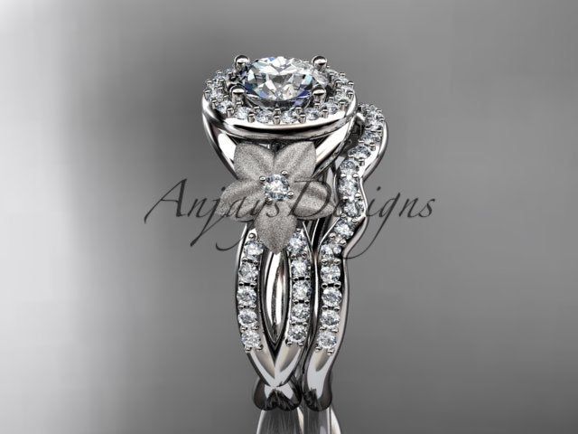 • White gold diamond wedding ring set, style ADLR127S. Front view emphasizing the split shank pave diamond ring nested perfectly with its matching curved band.