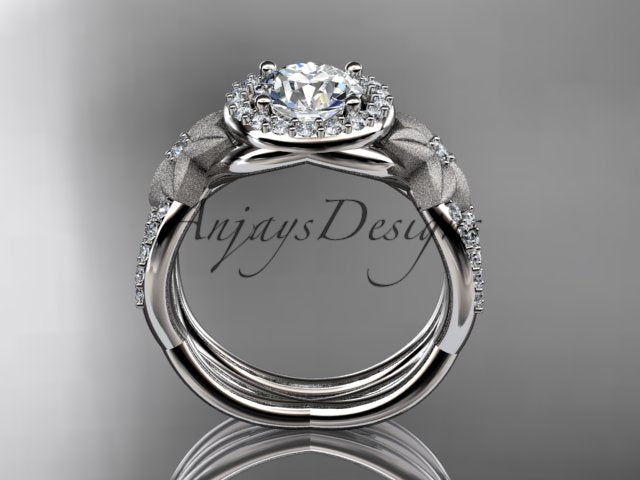 14K White Gold Floral Vine Diamond Bridal Set with Sculpted Leaf Details