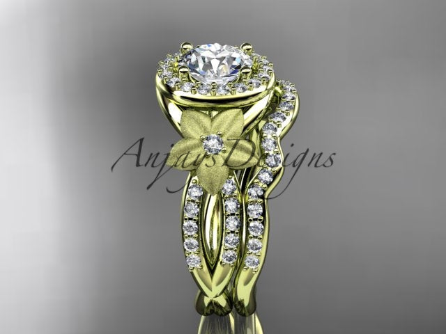 • Yellow gold diamond wedding ring set, style ADLR127S. Three-quarter view showcasing the vibrant green-tinted yellow gold option with a frosted floral detail.