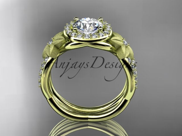 Yellow gold diamond wedding ring set, style ADLR127S. Front view highlighting the matte texture of the carved flower petals against the high-polish yellow gold band.